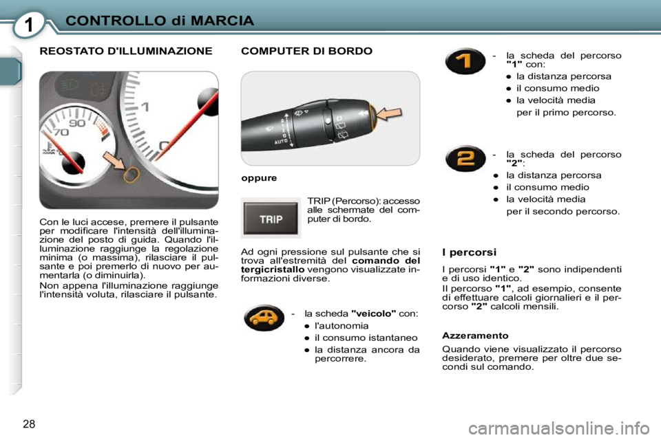 Peugeot 407 2009  Manuale del proprietario (in Italian) 1CONTROLLO di MARCIA
28
 COMPUTER DI BORDO 
  
oppure   
 TRIP (Percorso): accesso  
alle  schermate  del  com-
puter di bordo. 
 Ad  ogni  pressione  sul  pulsante  che  si 
trova  allestremità  de