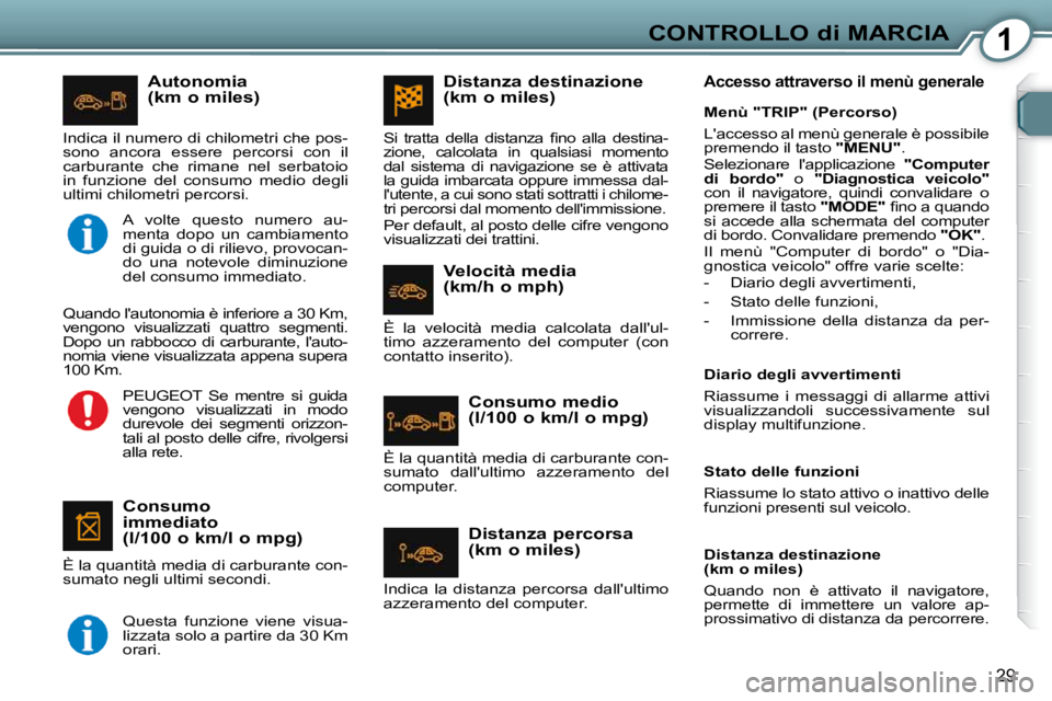 Peugeot 407 2009  Manuale del proprietario (in Italian) 1CONTROLLO di MARCIA
29
  Autonomia  
(km o miles) 
  Consumo 
immediato 
(l/100 o km/l o mpg) 
 È la quantità media di carburante con- 
sumato negli ultimi secondi. 
 Indica il numero di chilometri