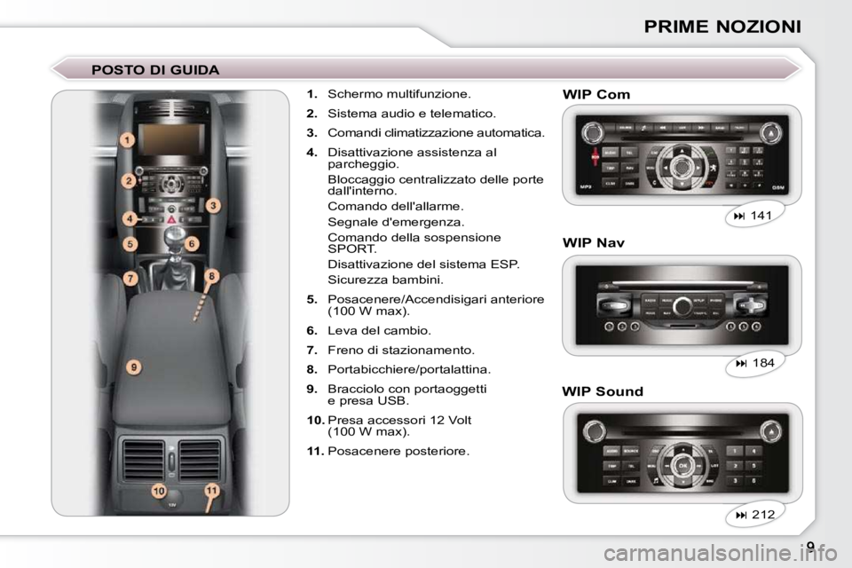 Peugeot 407 2009  Manuale del proprietario (in Italian) PRIME NOZIONI
  POSTO DI GUIDA     
1.    Schermo multifunzione. 
  
2.    Sistema audio e telematico. 
  
3.    Comandi climatizzazione automatica. 
  
4.    Disattivazione assistenza al 
parcheggio.