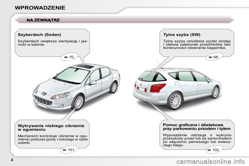 Peugeot 407 2009  Instrukcja Obsługi (in Polish) WPROWADZENIE  Szyberdach (Sedan)  
� �S�z�y�b�e�r�d�a�c�h�  �z�w�i
�k�s�z�a�  �w�e�n�t�y�l�a�c�j
�  �i�  �j�a�s�- 
�n�o;�ć� �w� �k�a�b�i�n�i�e�.�     
�   70       
�   68   
   
�   102 
