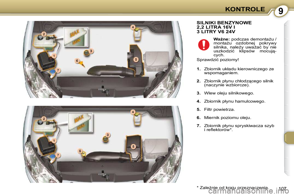 Peugeot 407 2009  Instrukcja Obsługi (in Polish) 9KONTROLE
107
 SILNIKI BENZYNOWE 2,2 LITRA 16V I 3 LITRY V6 24V 
� � �*� � � �Z�a�l�eG�n�i�e� �o�d� �k�r�a�j�u� �p�r�z�e�z�n�a�c�z�e�n�i�a�.� � � � � �W�aG�n�e�:� 
� �p�o�d�c�z�a�s� �d�e�m�o�n�t�aG
