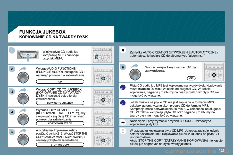 Peugeot 407 2009  Instrukcja Obsługi (in Polish) 159
�2�2
�3�3
11
�5�5
�6�6
�4�4
COPY CD TO JUKEBOX
COPY COMPLETE CD
STOP THE COPY
OK
�W�y�b�r�a�ć� �C�O�P�Y� �C�D� �T�O� �J�U�K�E�B�O�X� �(�K�O�P�I�O�W�A�N�I�E� �C�D� �N�A� �T�W�A�R�D�Y� �D�Y�S�K�)� 
