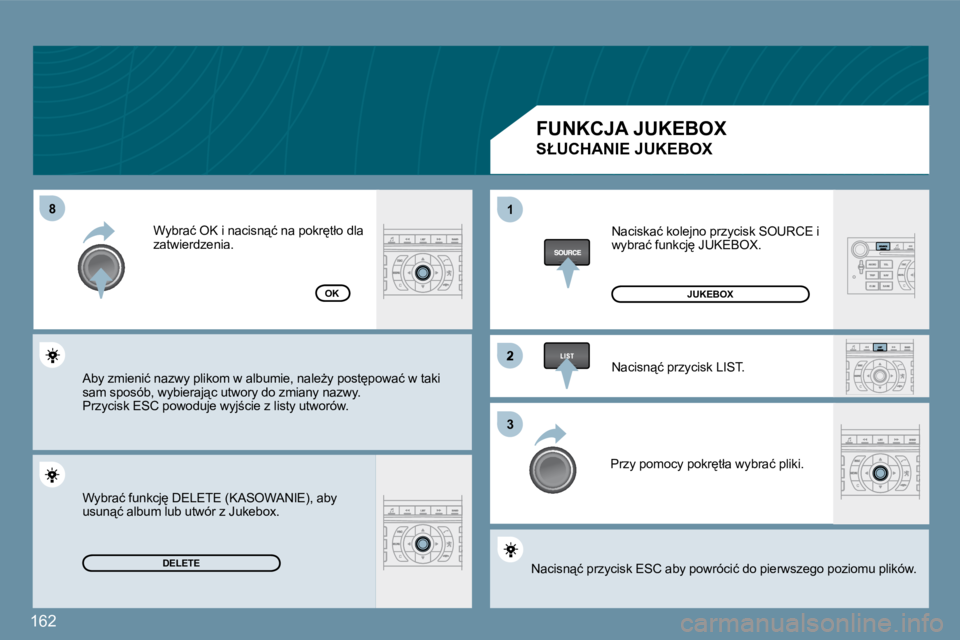 Peugeot 407 2009  Instrukcja Obsługi (in Polish) 162
�8�8
�2
�3�3
11
DELETE
OK
� �N�a�c�i�s�k�a�ć� �k�o�l�e�j�n�o� �p�r�z�y�c�i�s�k� �S�O�U�R�C�E� �i� �w�y�b�r�a�ć� �f�u�n�k�c�j
� �J�U�K�E�B�O�X�.� 
� �N�a�c�i�s�n"�ć� �p�r�z�y�c�i�s�k� �L�I