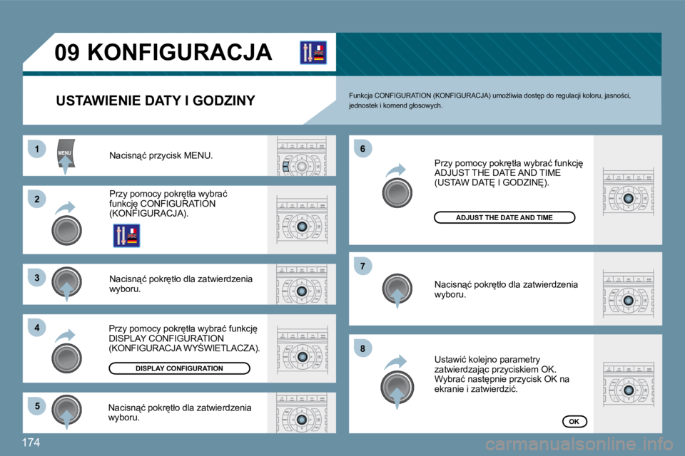 Peugeot 407 2009  Instrukcja Obsługi (in Polish) 174
11
�2�2
�3�3
�4�4
�5�5
�6�6
�7�7
�8�8
�0�9       KONFIGURACJA 
  USTAWIENIE DATY I GODZINY 
� �N�a�c�i�s�n"�ć� �p�r�z�y�c�i�s�k� �M�E�N�U�.� 
� �P�r�z�y� �p�o�m�o�c�y� �p�o�k�r
�t�ł�a� �w�
