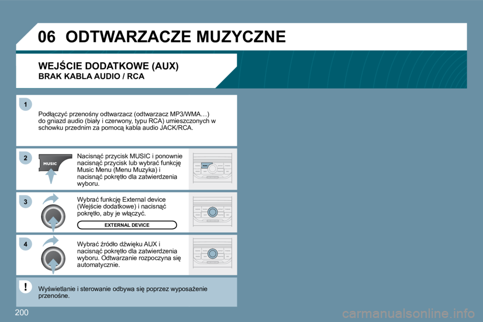 Peugeot 407 2009  Instrukcja Obsługi (in Polish) 200
�1
�3
�4
�0�6
�2
� �P�o�d�ł"�c�z�y�ć� �p�r�z�e�n�o;�n�y� �o�d�t�w�a�r�z�a�c�z� �(�o�d�t�w�a�r�z�a�c�z� �M�P�3�/�W�M�A�…�)� � �P�o�d�ł"�c�z�y�ć� �p�r�z�e�n�o;�n�y� �o�d�t�w�a�r�z�