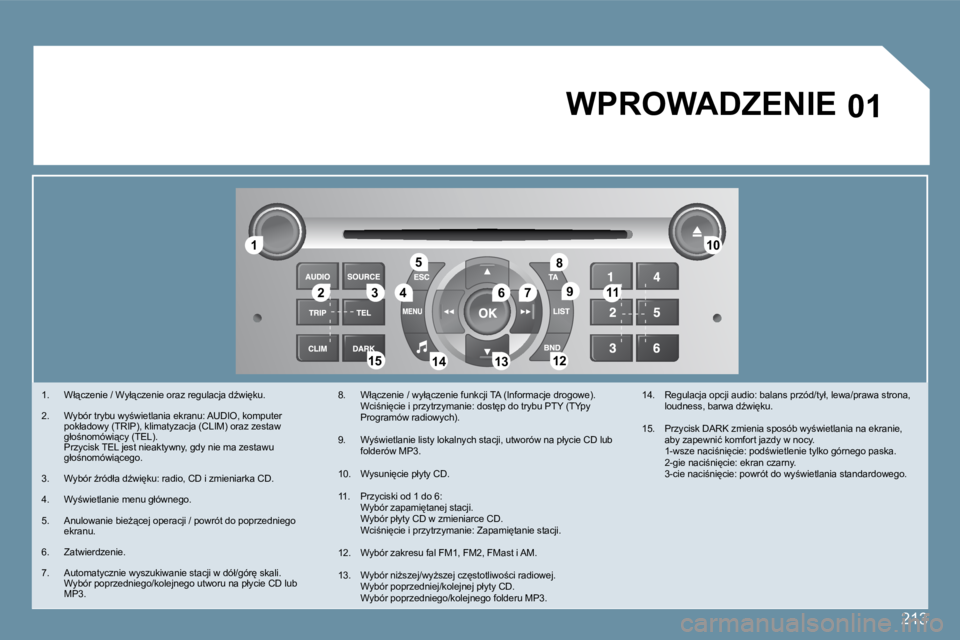 Peugeot 407 2009  Instrukcja Obsługi (in Polish) 213
�1�1
�2�2�3�3�4�4
�5�5
�6�6�7�7
�1�0�1�0
�1�1�1�1
�1�2�1�2�1�3�1�3�1�4�1�4�1�5�1�5
�8�8
99
�0�1� �W�P�R�O�W�A�D�Z�E�N�I�E� 
� � � �1�.� �  �W�ł"�c�z�e�n�i�e� �/� �W�y�ł"�c�z�e�n�i�e� �