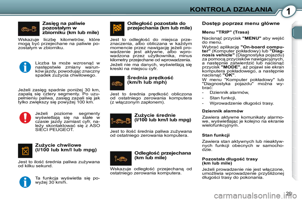 Peugeot 407 2009  Instrukcja Obsługi (in Polish) 1�K�O�N�T�R�O�L�A� �D�Z�I�A�Ł�A�N�I�A
29
� � �Z�a�s�i
�g� �n�a� �p�a�l�i�w�i�e�  
�p�o�z�o�s�t�a�ł�y�m� �w� 
�z�b�i�o�r�n�i�k�u� �(�k�m� �l�u�b� �m�i�l�e�)� 
� � �Z�uG�y�c�i�e� �c�h�w�i�l�o�w�e� 
