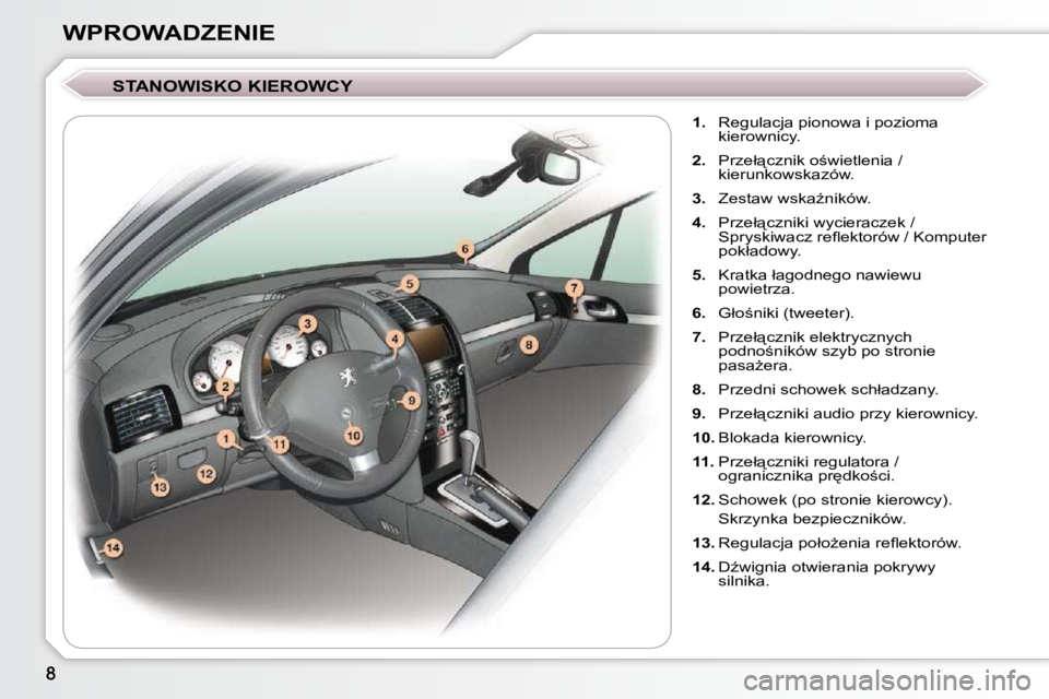 Peugeot 407 2009  Instrukcja Obsługi (in Polish) WPROWADZENIE  STANOWISKO KIEROWCY     
1. � �  �R�e�g�u�l�a�c�j�a� �p�i�o�n�o�w�a� �i� �p�o�z�i�o�m�a� 
�k�i�e�r�o�w�n�i�c�y�.� 
  
2. � �  �P�r�z�e�ł"�c�z�n�i�k� �o;�w�i�e�t�l�e�n�i�a� �/� 
�k