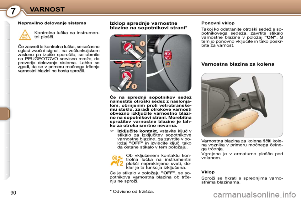 Peugeot 407 2009  Priročnik za lastnika (in Slovenian) 7VARNOST
90
  Izklop sprednje varnostne  
blazine na sopotnikovi strani *    Ponovni vklop  
� �T�a�k�o�j� �k�o� �o�d�s�t�r�a�n�i�t�e� �o�t�r�o�š�k�i� �s�e�d�e�ž� �s� �s�o�- 
�p�o�t�n�i�k�o�v�e�g�a�
