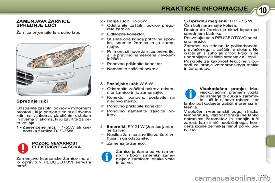 Peugeot 407 2009  Priročnik za lastnika (in Slovenian) 1010�P�R�A�K�T�I�Č�N�E� �I�N�F�O�R�M�A�C�I�J�E
115
� �Z�A�M�E�N�J�A�V�A� �Ž�A�R�N�I�C�E� �S�P�R�E�D�N�J�E� �L�U�Č�I� 
� �Ž�a�r�n�i�c�e� �p�r�i�j�e�m�a�j�t�e� �l�e� �s� �s�u�h�o� �k�r�p�o�.�   
�2�