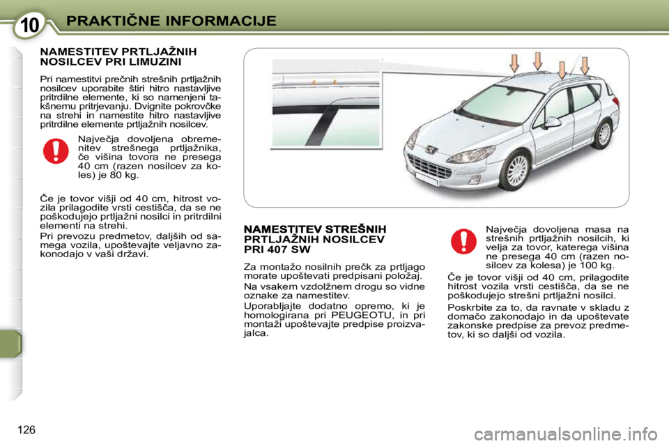 Peugeot 407 2009  Priročnik za lastnika (in Slovenian) 1010�P�R�A�K�T�I�Č�N�E� �I�N�F�O�R�M�A�C�I�J�E
126
� �N�A�M�E�S�T�I�T�E�V� �P�R�T�L�J�A�Ž�N�I�H� �N�O�S�I�L�C�E�V� �P�R�I� �L�I�M�U�Z�I�N�I� � 
� �P�r�i� �n�a�m�e�s�t�i�t�v�i� �p�r�e�č�n�i�h� �s�t�