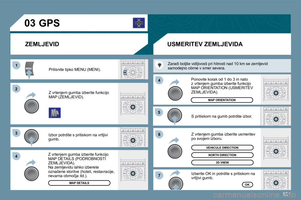 Peugeot 407 2009  Priročnik za lastnika (in Slovenian) 151
�0�3
11
�2�2
�3�3
�4�4
�5�5
�6�6
�7�7
�4�4
� �P�r�i�t�i�s�n�i�t�e� �t�i�p�k�o� �M�E�N�U� �(�M�E�N�I�)�.� 
� �Z� �v�r�t�e�n�j�e�m� �g�u�m�b�a� �i�z�b�e�r�i�t�e� �f�u�n�k�c�i�j�o� �M�A�P� �(�Z�E�M�L