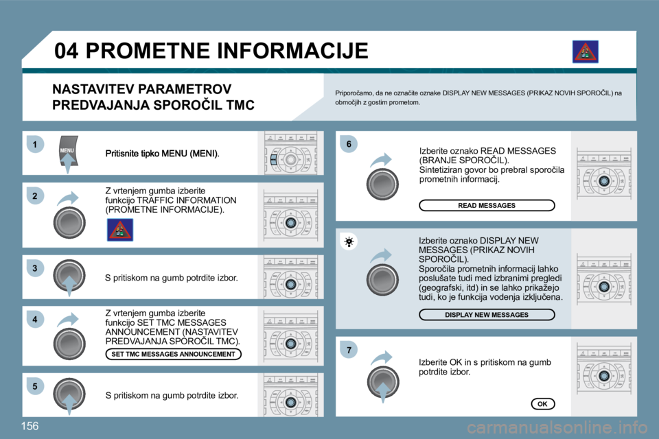 Peugeot 407 2009  Priročnik za lastnika (in Slovenian) 156
11
�2�2
�3�3
�4�4
�6�6
�5�5
�7�7
�0�4
READ MESSAGES
DISPLAY NEW MESSAGES
OK
  NASTAVITEV PARAMETROV 
�P�R�E�D�V�A�J�A�N�J�A� �S�P�O�R�O�Č�I�L� �T�M�C� 
� �P�r�i�p�o�r�o�č�a�m�o�,� �d�a� �n�e� �o