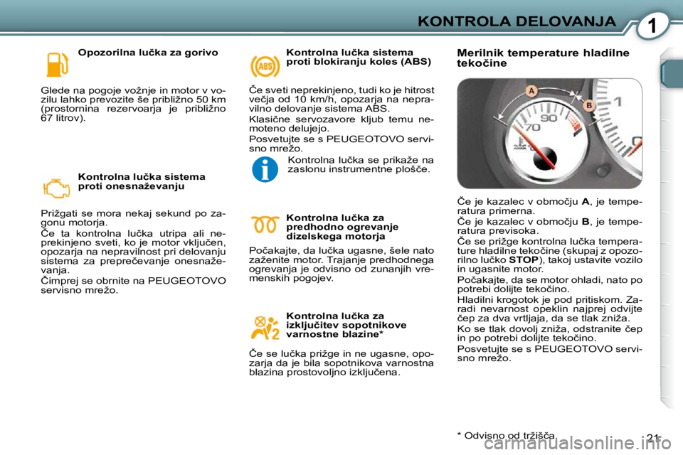 Peugeot 407 2009  Priročnik za lastnika (in Slovenian) 1KONTROLA DELOVANJA
21
� � �O�p�o�z�o�r�i�l�n�a� �l�u�č�k�a� �z�a� �g�o�r�i�v�o� 
� �G�l�e�d�e� �n�a� �p�o�g�o�j�e� �v�o�ž�n�j�e� �i�n� �m�o�t�o�r� �v� �v�o�- 
�z�i�l�u� �l�a�h�k�o� �p�r�e�v�o�z�i�t