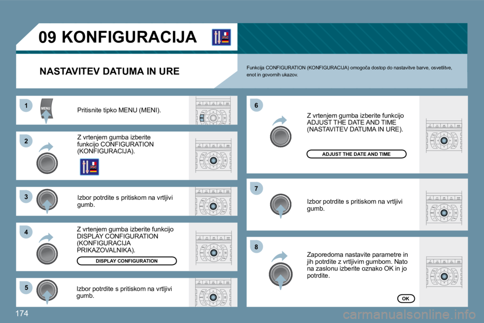 Peugeot 407 2009  Priročnik za lastnika (in Slovenian) 174
11
�2�2
�3�3
�4�4
�5�5
�6�6
�7�7
�8�8
�0�9       KONFIGURACIJA 
  NASTAVITEV DATUMA IN URE 
� �P�r�i�t�i�s�n�i�t�e� �t�i�p�k�o� �M�E�N�U� �(�M�E�N�I�)�.� 
� �Z� �v�r�t�e�n�j�e�m� �g�u�m�b�a� �i�z�