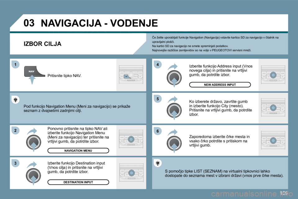 Peugeot 407 2009  Priročnik za lastnika (in Slovenian) 189
�0�3
�1
�2
�3
�6
�5
�4
� � � � � � � � � � � �N�A�V�I�G�A�C�I�J�A� �-� �V�O�D�E�N�J�E� 
  IZBOR CILJA 
� �P�o�n�o�v�n�o� �p�r�i�t�i�s�n�i�t�e� �n�a� �t�i�p�k�o� �N�A�V� �a�l�i� �i�z�b�e�r�i�t�e� �