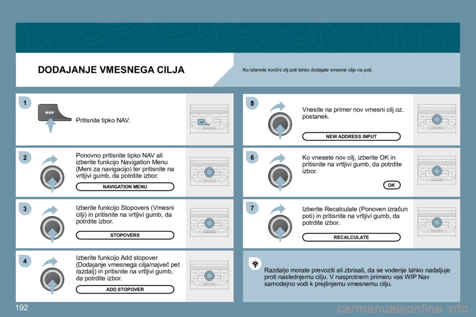 Peugeot 407 2009  Priročnik za lastnika (in Slovenian) 192
�1
�2
�3
�4
�6
�7
  DODAJANJE VMESNEGA CILJA 
� � �V�n�e�s�i�t�e� �n�a� �p�r�i�m�e�r� �n�o�v� �v�m�e�s�n�i� �c�i�l�j� �o�z�.� �p�o�s�t�a�n�e�k�.� 
� � �K�o� �v�n�e�s�e�t�e� �n�o�v� �c�i�l�j�,� �i�