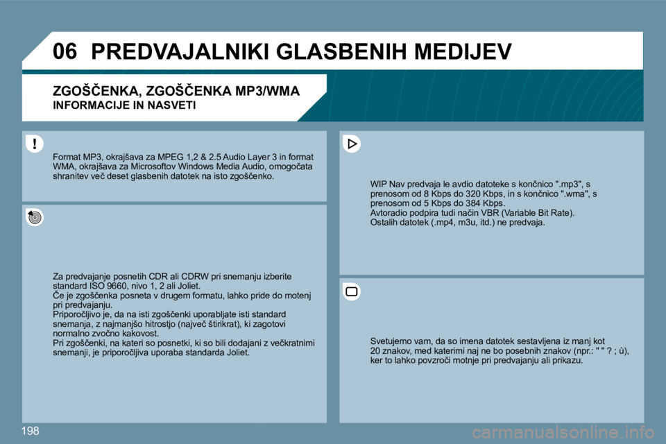 Peugeot 407 2009  Priročnik za lastnika (in Slovenian) 198
�0�6     PREDVAJALNIKI GLASBENIH MEDIJEV 
� � �Z�G�O�Š�Č�E�N�K�A�,� �Z�G�O�Š�Č�E�N�K�A� �M�P�3�/�W�M�A� � 
INFORMACIJE IN NASVETI 
� �Z�a� �p�r�e�d�v�a�j�a�n�j�e� �p�o�s�n�e�t�i�h� �C�D�R� �a�