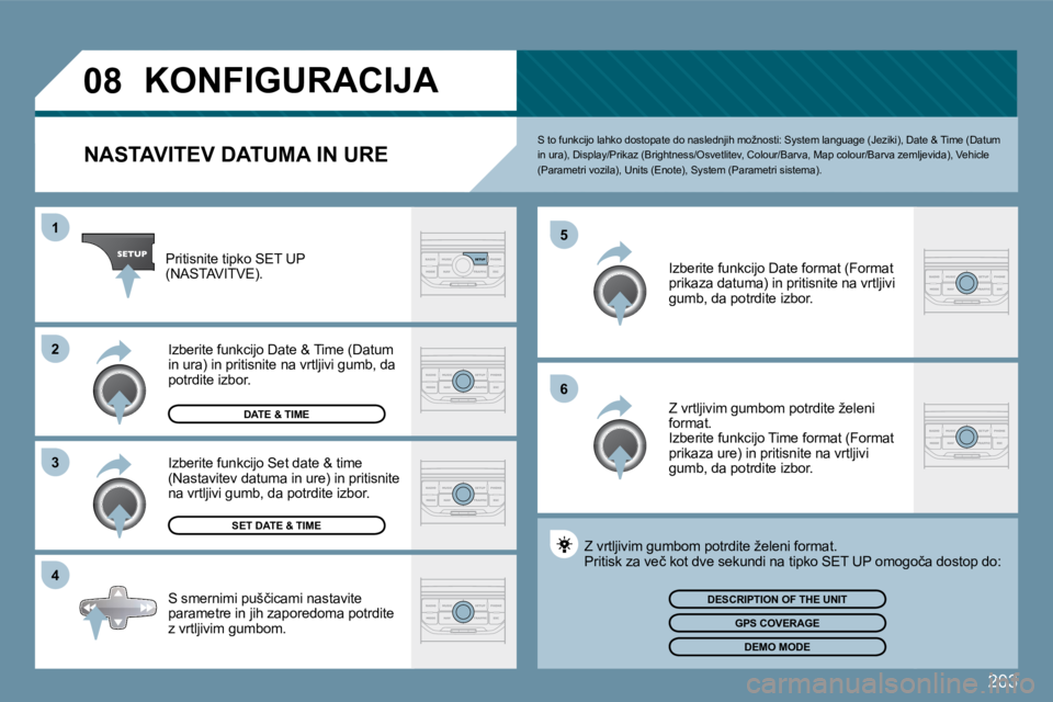 Peugeot 407 2009  Priročnik za lastnika (in Slovenian) 203
�0�8
�1
�3
�4
�5
�6
�2
           KONFIGURACIJA 
  NASTAVITEV DATUMA IN URE 
� �S� �t�o� �f�u�n�k�c�i�j�o� �l�a�h�k�o� �d�o�s�t�o�p�a�t�e� �d�o� �n�a�s�l�e�d�n�j�i�h� �m�o�ž�n�o�s�t�i�:� �S�y�s�t