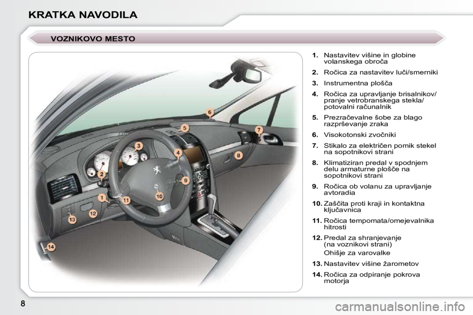 Peugeot 407 2009  Priročnik za lastnika (in Slovenian) KRATKA NAVODILA� � �V�O�Z�N�I�K�O�V�O� �M�E�S�T�O�     
1. � �  �N�a�s�t�a�v�i�t�e�v� �v�i�š�i�n�e� �i�n� �g�l�o�b�i�n�e� 
�v�o�l�a�n�s�k�e�g�a� �o�b�r�o�č�a� 
  
2. � �  �R�o�č�i�c�a� �z�a� �n�a�s