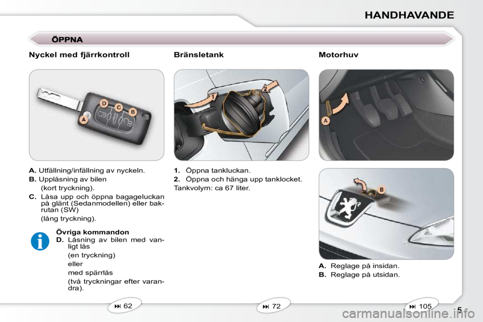 Peugeot 407 2009  Ägarmanual (in Swedish) HANDHAVANDE
  Nyckel med fjärrkontroll  
  
A.   Utfällning/infällning av nyckeln .
  
B.   Upplåsning av bilen  
  (kort tryckning).  
  
C.    Låsa  upp  och  öppna  bagageluckan 
på glänt (