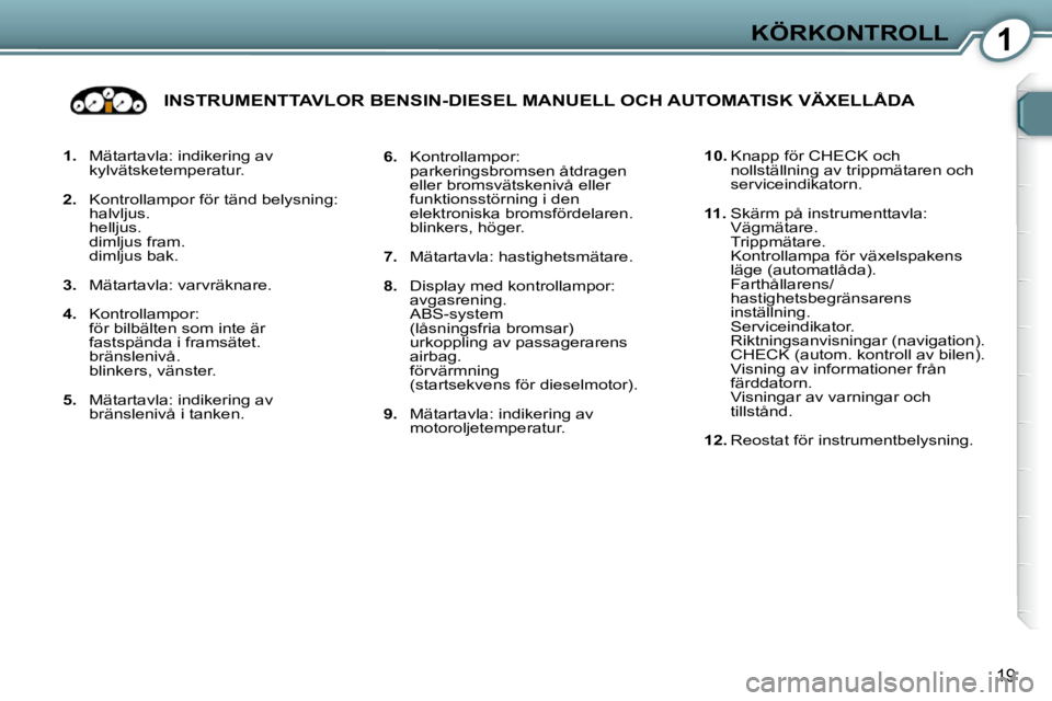 Peugeot 407 2009  Ägarmanual (in Swedish) 1KÖRKONTROLL
19
   
1.    Mätartavla: indikering av 
kylvätsketemperatur. 
  
2.    Kontrollampor för tänd belysning: 
halvljus.   
helljus.  
dimljus fram.  
dimljus bak.   
  
3.    Mätartavla