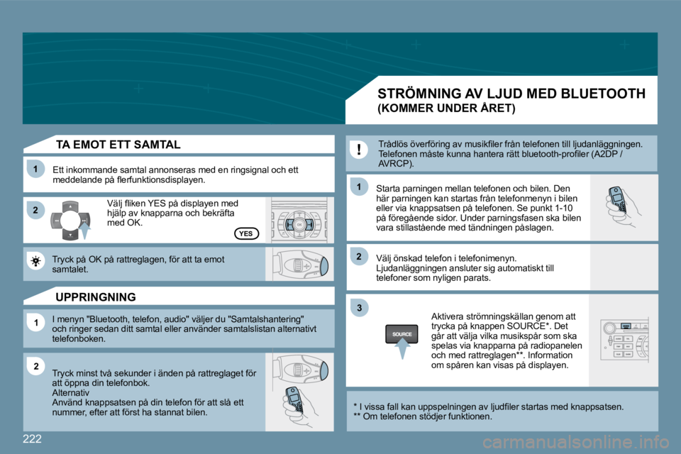 Peugeot 407 2009  Ägarmanual (in Swedish) 222
�1�1
�2�2
�1�1
�1�1
�2�2
�3�3
�2�2
�Y�E�S
� � �T�A� �E�M�O�T� �E�T�T� �S�A�M�T�A�L� 
 Ett inkommande samtal annonseras med en ringsignal och ett �m�e�d�d�e�l�a�n�d�e� �p�å� �ﬂ� �e�r�f�u�n�k�t�i