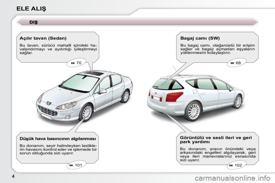 Peugeot 407 2009  Kullanım Kılavuzu (in Turkish) �E�L�E� �A�L�I�Ş� � �A�ç�ı�l�ı�r� �t�a�v�a�n� �(�S�e�d�a�n�)�  
 Bu  tavan,  sürücü  mahalli  içindeki  ha- 
�v�a�l�a�n�d�ı�r�m�a�y�ı�  �v�e�  �a�y�d�ı�n�l�ı�ğ�ı�  �i�y�i�l�e�ş�t�i�r�m�