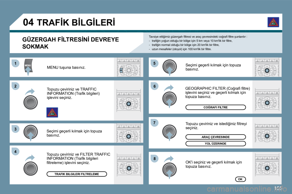 Peugeot 407 2009  Kullanım Kılavuzu (in Turkish) 155
�5�5
�6�6
�7�7
�8�8
�1�1
�2�2
�3�3
�4�4
�0�4
� � �G�Ü�Z�E�R�G�A�H� �F�İ�L�T�R�E�S�İ�N�İ� �D�E�V�R�E�Y�E� 
�S�O�K�M�A�K� 
� �T�a�v�s�i�y�e� �e�t�t�i�ğ�i�m�i�z� �g�ü�z�e�r�g�a�h� �ﬁ� �l�t�r�
