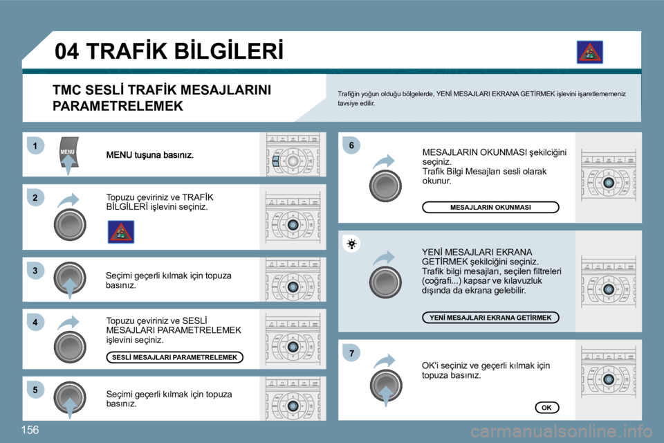 Peugeot 407 2009  Kullanım Kılavuzu (in Turkish) 156
�1�1
�2�2
�3�3
�4�4
�6�6
�5�5
�7�7
�0�4
�M�E�S�A�J�L�A�R�I�N� �O�K�U�N�M�A�S�I
�Y�E�N�İ� �M�E�S�A�J�L�A�R�I� �E�K�R�A�N�A� �G�E�T�İ�R�M�E�K
�O�K
� � �T�M�C� �S�E�S�L�İ� �T�R�A�F�İ�K� �M�E�S�A�