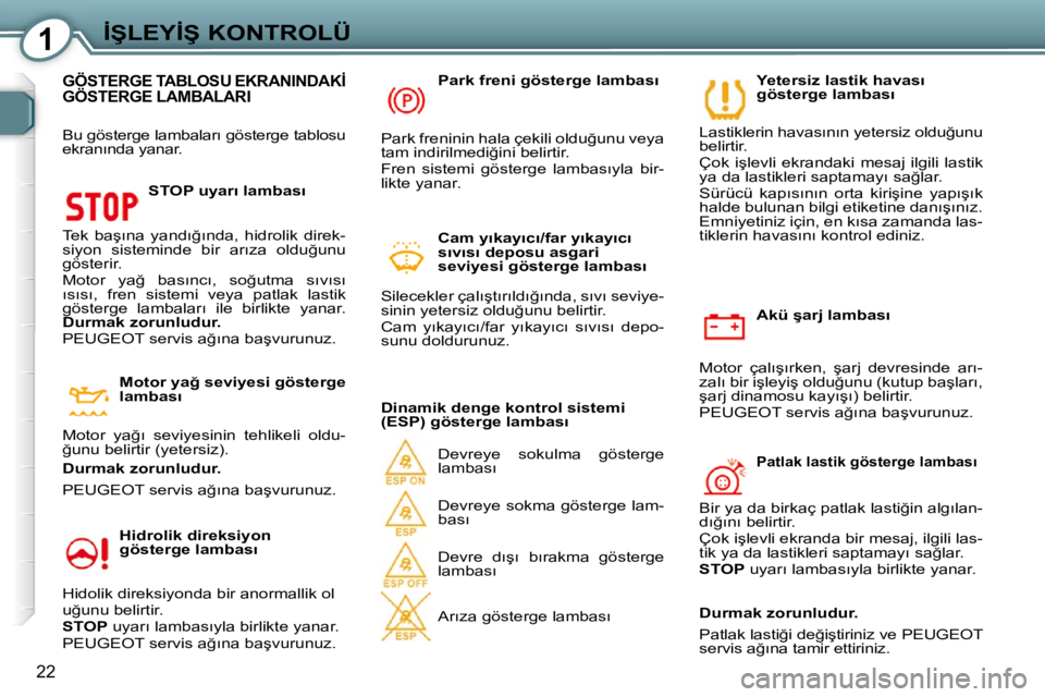 Peugeot 407 2009  Kullanım Kılavuzu (in Turkish) 1�İ�Ş�L�E�Y�İ�Ş� �K�O�N�T�R�O�L�Ü
22
� � �A�k�ü� �ş�a�r�j� �l�a�m�b�a�s�ı� 
� �M�o�t�o�r�  �ç�a�l�ı�ş�ı�r�k�e�n�,�  �ş�a�r�j�  �d�e�v�r�e�s�i�n�d�e�  �a�r�ı�- 
�z�a�l�ı� �b�i�r� �i�ş�l