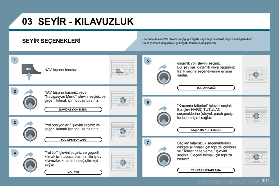 Peugeot 407 2009  Kullanım Kılavuzu (in Turkish) 191
�0�3
�1
�2
�3
�4
�5
�6
�7
� �S�E�Y�İ�R� �-� �K�I�L�A�V�U�Z�L�U�K� 
� � �S�E�Y�İ�R� �S�E�Ç�E�N�E�K�L�E�R�İ� 
� �d�i�n�a�m�i�k� �y�o�l� �i�ş�l�e�v�i�n�i� �s�e�ç�i�n�i�z�.� � �B�u� �i�ş�e�v� �