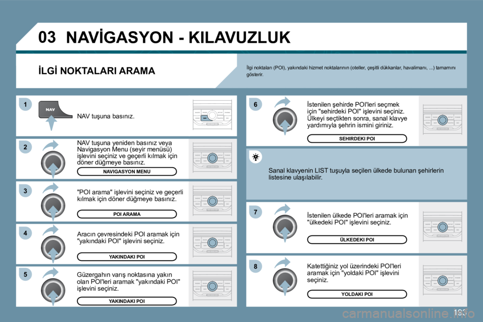 Peugeot 407 2009  Kullanım Kılavuzu (in Turkish) �1�9�3
�0�3
�1
�2
�3
�4
�7
�8
�6
�5
� �N�A�V�İ�G�A�S�Y�O�N� �-� �K�I�L�A�V�U�Z�L�U�K� 
� � �İ�L�G�İ� �N�O�K�T�A�L�A�R�I� �A�R�A�M�A� 
� �N�A�V� �t�u�ş�u�n�a� �b�a�s�ı�n�ı�z�.� 
� �N�A�V� �t�u�ş