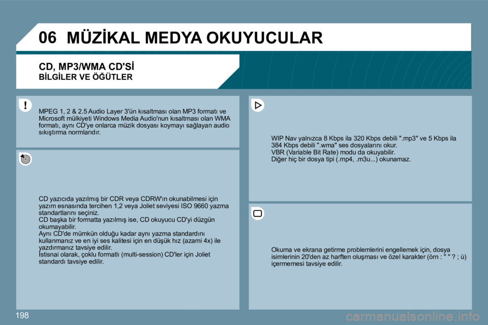 Peugeot 407 2009  Kullanım Kılavuzu (in Turkish) 198
�0�6� � � � � �M�Ü�Z�İ�K�A�L� �M�E�D�Y�A� �O�K�U�Y�U�C�U�L�A�R� 
� � �C�D�,� �M�P�3�/�W�M�A� �C�D�'�S�İ� � 
�B�İ�L�G�İ�L�E�R� �V�E� �Ö�Ğ�Ü�T�L�E�R� 
� �C�D� �y�a�z�ı�c�ı�d�a� �y�a�z�