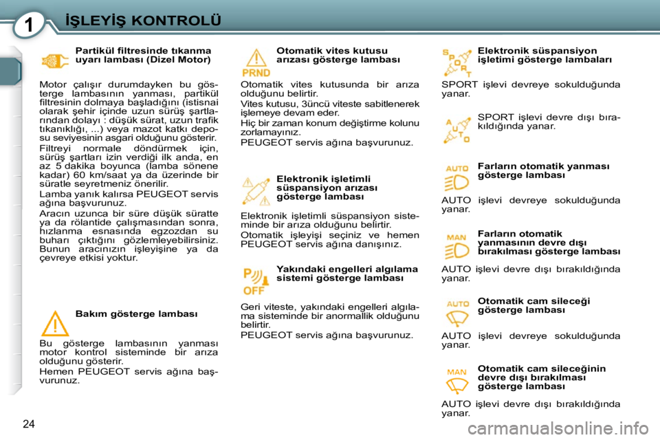 Peugeot 407 2009  Kullanım Kılavuzu (in Turkish) 1�İ�Ş�L�E�Y�İ�Ş� �K�O�N�T�R�O�L�Ü
24
� � �P�a�r�t�i�k�ü�l� �ﬁ� �l�t�r�e�s�i�n�d�e� �t�ı�k�a�n�m�a�  
�u�y�a�r�ı� �l�a�m�b�a�s�ı� �(�D�i�z�e�l� �M�o�t�o�r�)� 
� �M�o�t�o�r�  �ç�a�l�ı�ş�ı