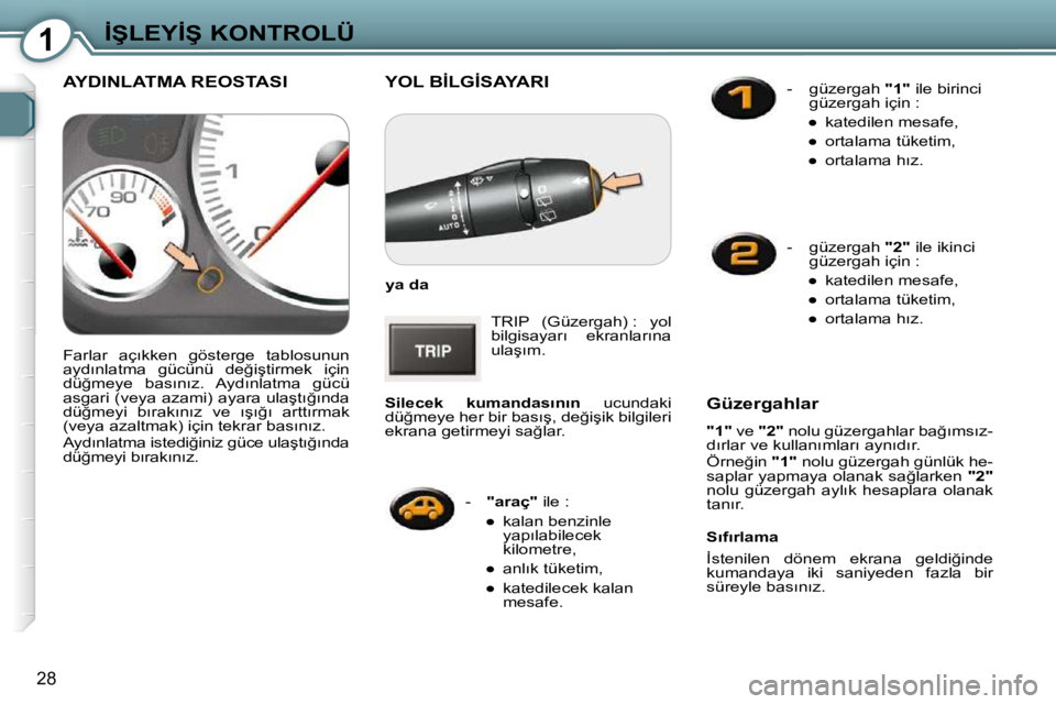Peugeot 407 2009  Kullanım Kılavuzu (in Turkish) 1�İ�Ş�L�E�Y�İ�Ş� �K�O�N�T�R�O�L�Ü
28
� �Y�O�L� �B�İ�L�G�İ�S�A�Y�A�R�I� 
  
�y�a� �d�a   
� �T�R�I�P�  �(�G�ü�z�e�r�g�a�h�)� �:�  �y�o�l�  
�b�i�l�g�i�s�a�y�a�r�ı�  �e�k�r�a�n�l�a�r�ı�n�a� 
�
