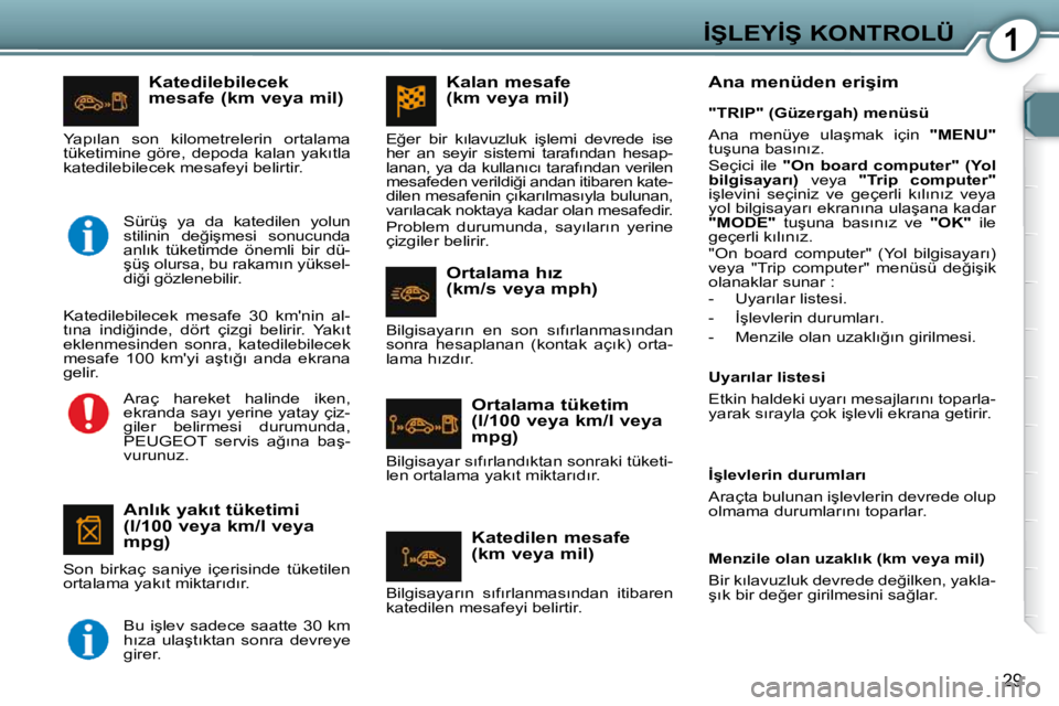 Peugeot 407 2009  Kullanım Kılavuzu (in Turkish) 1�İ�Ş�L�E�Y�İ�Ş� �K�O�N�T�R�O�L�Ü
29
� � �K�a�t�e�d�i�l�e�b�i�l�e�c�e�k�  
�m�e�s�a�f�e� �(�k�m� �v�e�y�a� �m�i�l�)� 
� � �A�n�l�ı�k� �y�a�k�ı�t� �t�ü�k�e�t�i�m�i� 
�(�l�/�1�0�0� �v�e�y�a� �k�