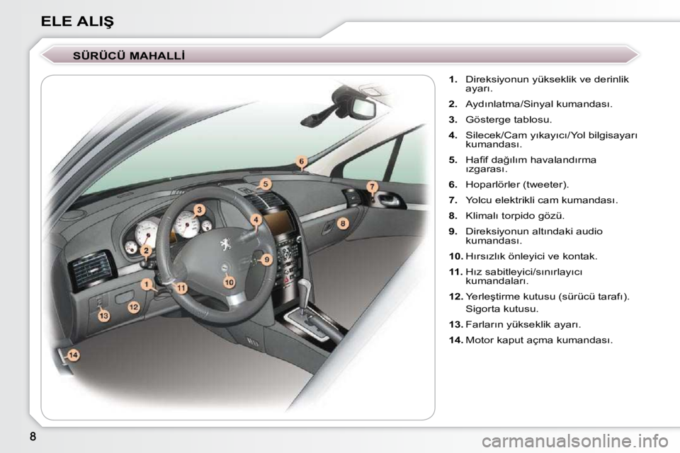 Peugeot 407 2009  Kullanım Kılavuzu (in Turkish) �E�L�E� �A�L�I�Ş� � �S�Ü�R�Ü�C�Ü� �M�A�H�A�L�L�İ�     
1. � �  �D�i�r�e�k�s�i�y�o�n�u�n� �y�ü�k�s�e�k�l�i�k� �v�e� �d�e�r�i�n�l�i�k� 
�a�y�a�r�ı�.� 
  
2. � �  �A�y�d�ı�n�l�a�t�m�a�/�S�i�n�y�a