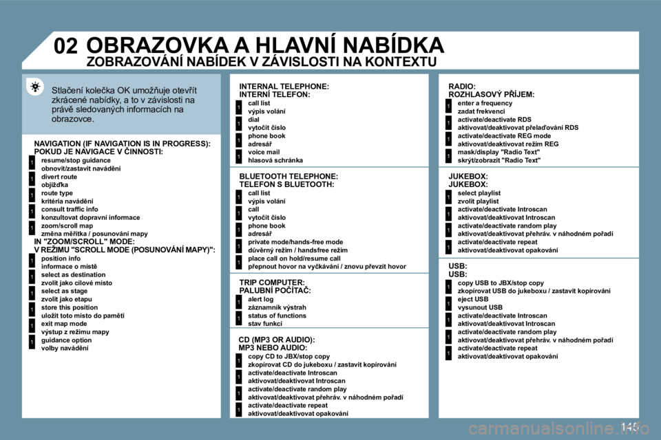 Peugeot 407 2009  Návod k obsluze (in Czech) 145
1
1
1
1
1
1
1
1
1
1
1
1
1
1
1
1
1
1
1
1
1
1
1
1
1
1
1
1
1
1
1
1
1
1
1
1
1
1
1
�0�2     OBRAZOVKA A HLAVNÍ NABÍDKA 
� �S�t�l�a�č�e�n�í� �k�o�l�e�č�k�a� �O�K� �u�m�o�ž3�u�j�e� �o�t�e�v9�í�t