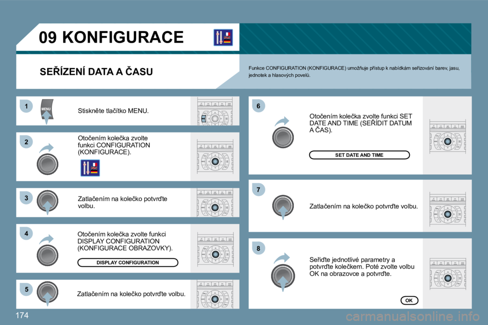 Peugeot 407 2009  Návod k obsluze (in Czech) 174
11
�2�2
�3�3
�4�4
�5�5
�6�6
�7�7
�8�8
�0�9       KONFIGURACE 
� � �S�E8�Í�Z�E�N�Í� �D�A�T�A� �A� �Č�A�S�U� 
� �S�t�i�s�k�n)�t�e� �t�l�a�č�í�t�k�o� �M�E�N�U�.� 
� �O�t�o�č�e�n�í�m� �k�o�l�