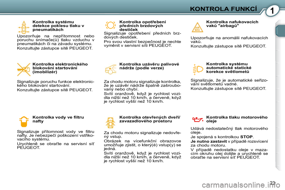Peugeot 407 2009  Návod k obsluze (in Czech) 1KONTROLA FUNKCÍ
23
� � �K�o�n�t�r�o�l�k�a� �s�y�s�t�é�m�u�  
�d�e�t�e�k�c�e� �p�o�k�l�e�s�u� �t�l�a�k�u� �v� 
�p�n�e�u�m�a�t�i�k�á�c�h� 
� �U�p�o�z�o�r3�u�j�e�  �n�a�  �n�e�p9�í�t�o�m�n�o�s�t� 
