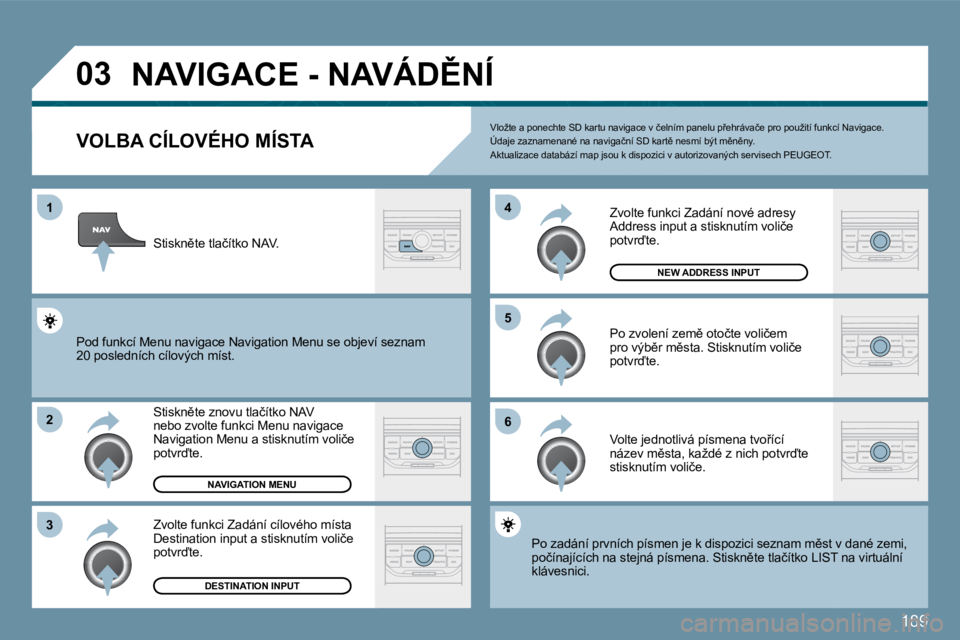 Peugeot 407 2009  Návod k obsluze (in Czech) 189
�0�3
�1
�2
�3
�6
�5
�4
� � � � � � � � � � � �N�A�V�I�G�A�C�E� �-� �N�A�V�Á�D(�N�Í� 
  VOLBA CÍLOVÉHO MÍSTA 
� �S�t�i�s�k�n)�t�e� �z�n�o�v�u� �t�l�a�č�í�t�k�o� �N�A�V� �n�e�b�o� �z�v�o�l�
