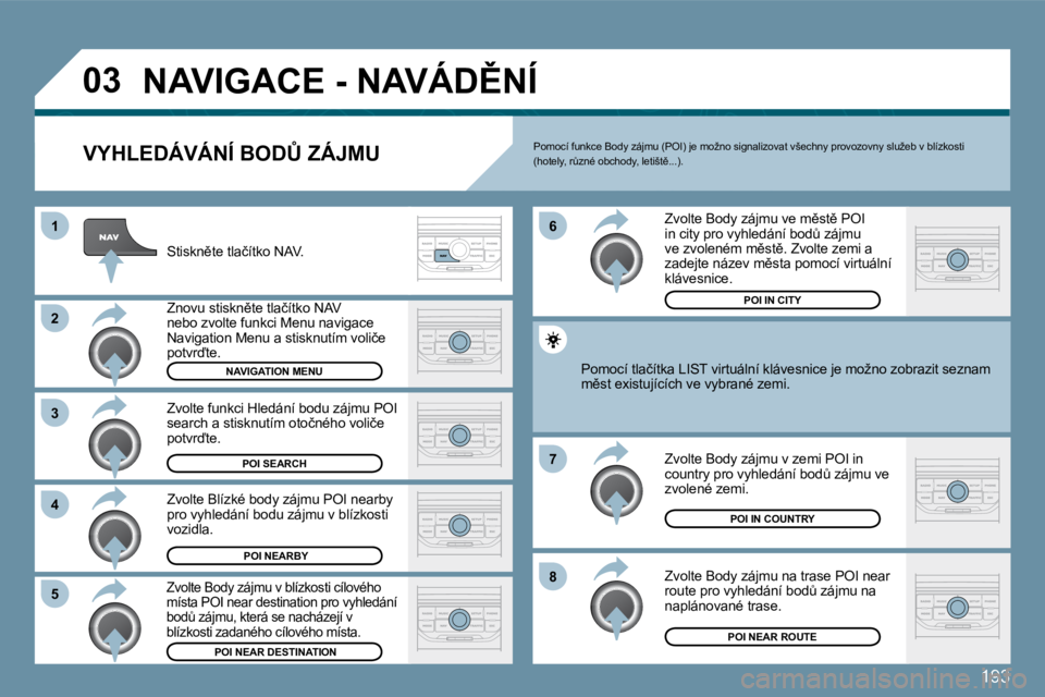 Peugeot 407 2009  Návod k obsluze (in Czech) 193
�0�3
�1
�2
�3
�4
�7
�8
�6
�5
� �N�A�V�I�G�A�C�E� �-� �N�A�V�Á�D(�N�Í� 
� � �V�Y�H�L�E�D�Á�V�Á�N�Í� �B�O�D#� �Z�Á�J�M�U� 
� �S�t�i�s�k�n)�t�e� �t�l�a�č�í�t�k�o� �N�A�V�.� 
� �Z�n�o�v�u� 