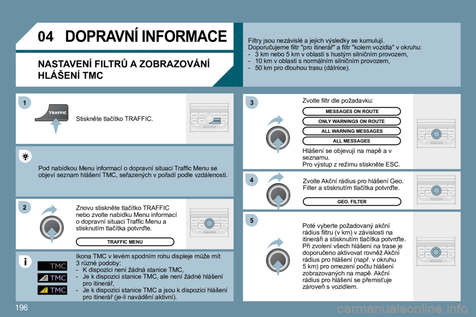 Peugeot 407 2009  Návod k obsluze (in Czech) 196
�0�4
�1
�2
�5
�3
�4
       DOPRAVNÍ INFORMACE 
� � �N�A�S�T�A�V�E�N�Í� �F�I�L�T�R#� �A� �Z�O�B�R�A�Z�O�V�Á�N�Í� 
�H�L�Á�Š�E�N�Í� �T�M�C� 
� �P�o�t�é� �v�y�b�e�r�t�e� �p�o�ž�a�d�o�v�a�n�