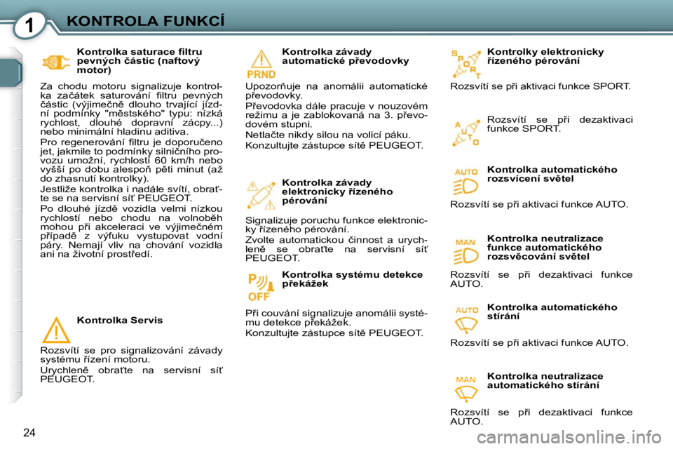 Peugeot 407 2009  Návod k obsluze (in Czech) 1KONTROLA FUNKCÍ
24
� � �K�o�n�t�r�o�l�k�a� �s�a�t�u�r�a�c�e� �ﬁ� �l�t�r�u�  
�p�e�v�n�ý�c�h� �č�á�s�t�i�c� �(�n�a�f�t�o�v�ý� 
�m�o�t�o�r�)� 
� �Z�a�  �c�h�o�d�u�  �m�o�t�o�r�u�  �s�i�g�n�a�l�i