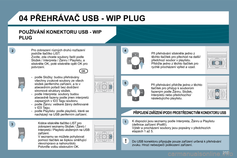 Peugeot 407 2009  Návod k obsluze (in Czech) 219
�3�3
�0�4
�4�4
�1�1
�5�5
�2�2
� �P8�E�H�R�Á�V�A�Č� �U�S�B� �-� �W�I�P� �P�L�U�G� 
� � �P�O�U�Ž�Í�V�Á�N�Í� �K�O�N�E�K�T�O�R�U� �U�S�B� �-� �W�I�P� 
�P�L�U�G� 
� � �K�r�á�t�c�e� �s�t�i�s�k�n