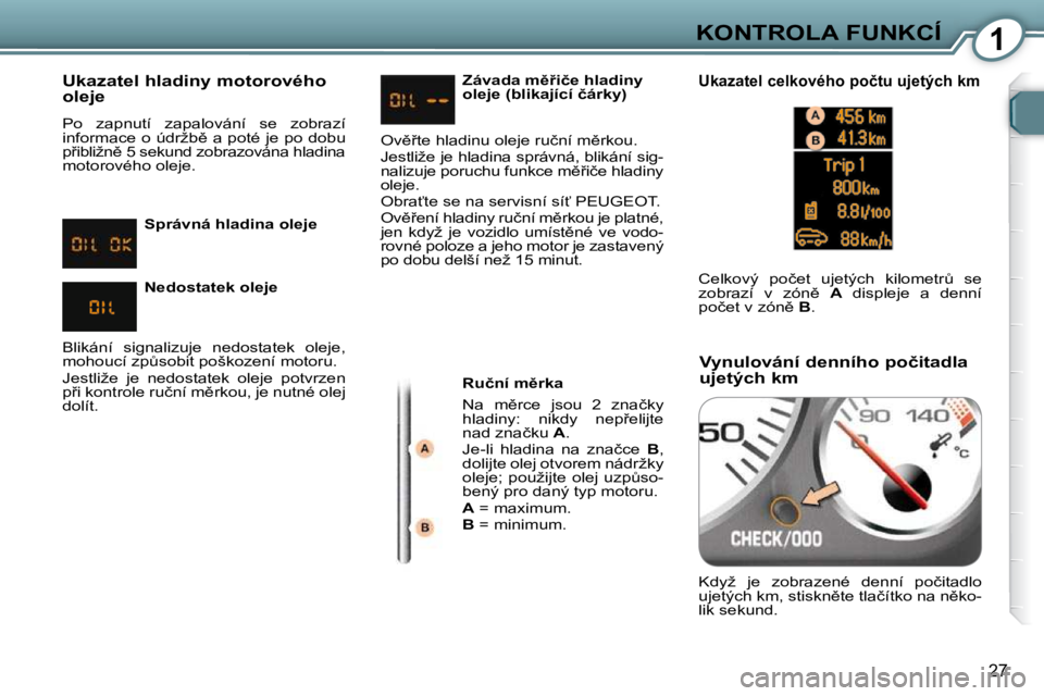 Peugeot 407 2009  Návod k obsluze (in Czech) 1KONTROLA FUNKCÍ
27
� � �U�k�a�z�a�t�e�l� �h�l�a�d�i�n�y� �m�o�t�o�r�o�v�é�h�o�  
�o�l�e�j�e�  
� �P�o�  �z�a�p�n�u�t�í�  �z�a�p�a�l�o�v�á�n�í�  �s�e�  �z�o�b�r�a�z�í�  
�i�n�f�o�r�m�a�c�e� �o� 