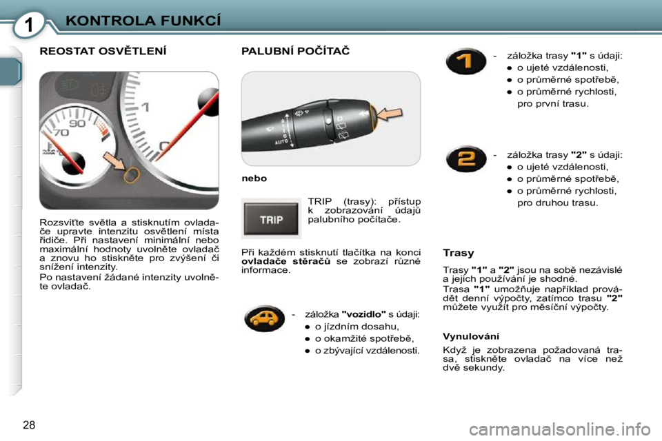 Peugeot 407 2009  Návod k obsluze (in Czech) 1KONTROLA FUNKCÍ
28
� �P�A�L�U�B�N�Í� �P�O�Č�Í�T�A�Č� 
  
�n�e�b�o   
� �T�R�I�P�  �(�t�r�a�s�y�)�:�  �p9�í�s�t�u�p�  
�k�  �z�o�b�r�a�z�o�v�á�n�í�  �ú�d�a�jA� 
�p�a�l�u�b�n�í�h�o� �p�o�č