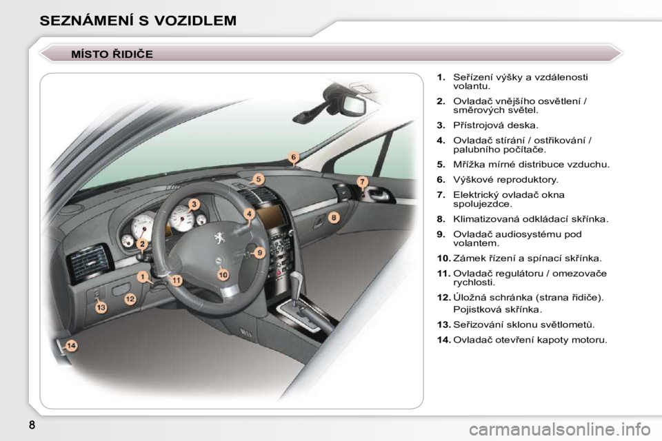 Peugeot 407 2009  Návod k obsluze (in Czech) SEZNÁMENÍ S VOZIDLEM� � �M�Í�S�T�O� 8�I�D�I�Č�E�     
1. � �  �S�e9�í�z�e�n�í� �v�ý�š�k�y� �a� �v�z�d�á�l�e�n�o�s�t�i� 
�v�o�l�a�n�t�u�.� 
  
2. � �  �O�v�l�a�d�a�č� �v�n)�j�š�í�h�o� �o