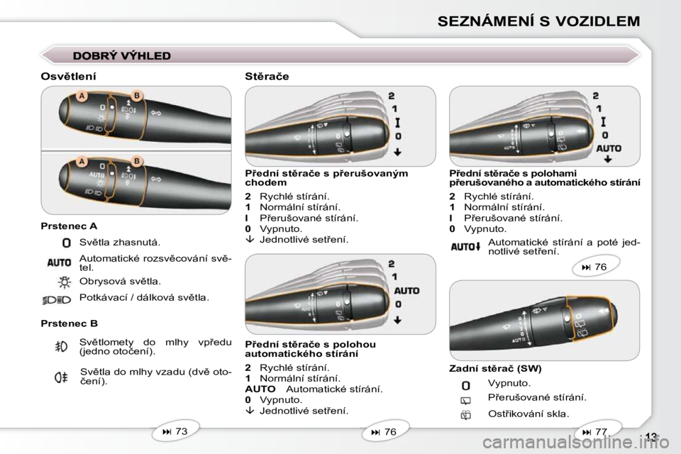 Peugeot 407 2009  Návod k obsluze (in Czech) SEZNÁMENÍ S VOZIDLEM
� � �O�s�v)�t�l�e�n�í�  
� � �P�r�s�t�e�n�e�c� �B� � � �P9�e�d�n�í� �s�t)�r�a�č�e� �s� �p9�e�r�u�š�o�v�a�n�ý�m�  
�c�h�o�d�e�m�  
  
2 � � �  �R�y�c�h�l�é� �s�t�í�r��